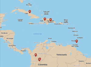 Map showing markers in/near Central and South America