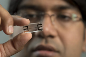 Man looks at biochip he is holding in his hand