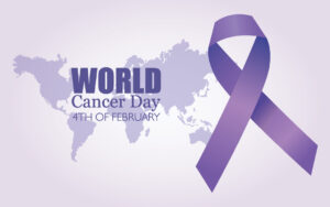 World map shown in a purple hue with a large purple ribbon, with the words, "World Cancer Day, 4th of February"