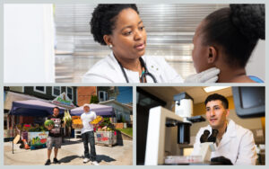 A collage of images showing a doctor examining a patient, a researcher looking up from a microscope, and two small business owners standing in front of a market, holding fruit